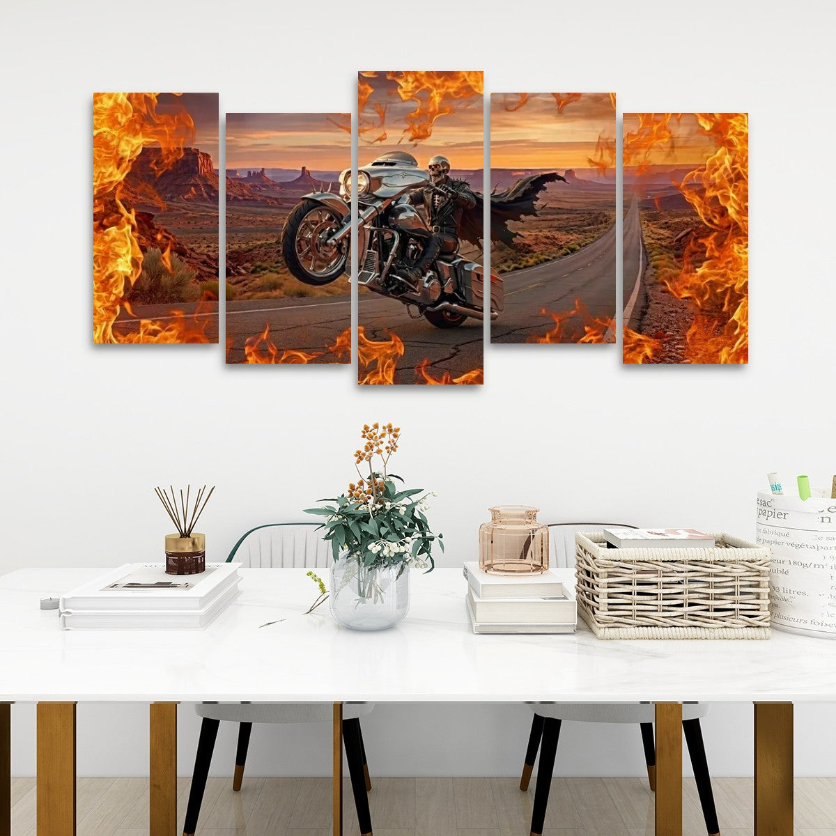 Skeleton Fire Bagger Chrome Motorcycle Tank, Saddlebags w/ Fire Split Canvas Panel Wall Art