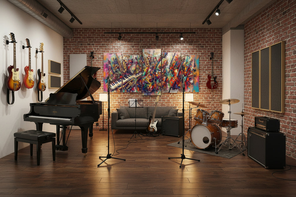 A five-panel canvas wall art set depicting a colorful, abstract painting of musical instruments including guitars, a piano, and brass instruments.