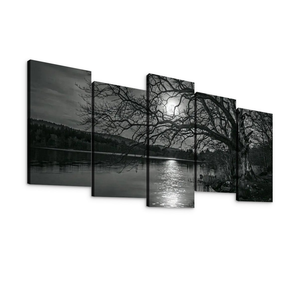 A five-panel black and white canvas wall art set depicting a moody lakeside scene with bare tree branches, dark shoreline, and bright moonlight reflection on the water, shown against a plain white background.