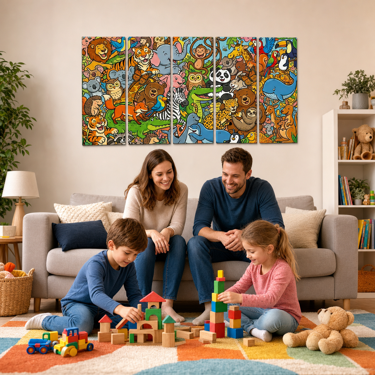 Wild & Whimsical Cartoon Animal Collage Kids Canvas Wall Art | 1, 3 & 5 Panel Playroom & Bedroom Print