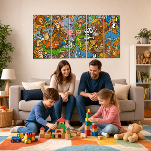 Wild & Whimsical Cartoon Animal Collage Kids Canvas Wall Art | 1, 3 & 5 Panel Playroom & Bedroom Print