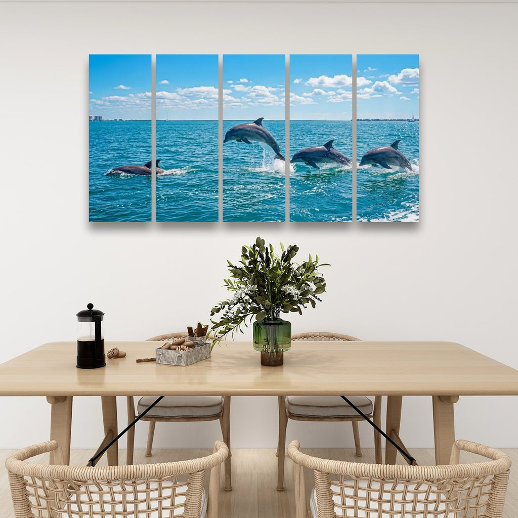 Dolphins Jumping, Breaching, Porpoising in the Gulf of Mexico Canvas Wall Art — Single & Multi-Panel Prints