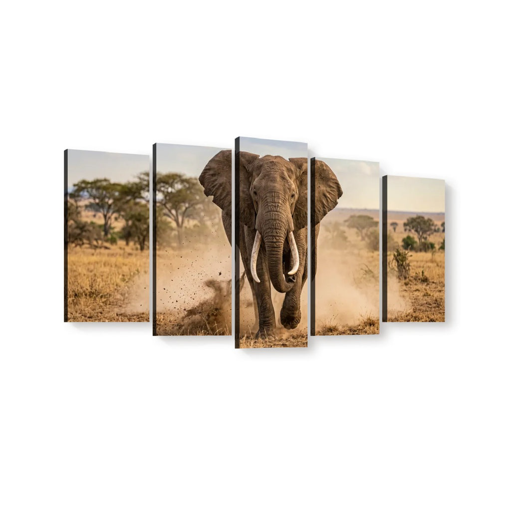 Five-panel canvas wall art showing a large elephant walking through a dry savanna landscape, photographed against a plain white background.