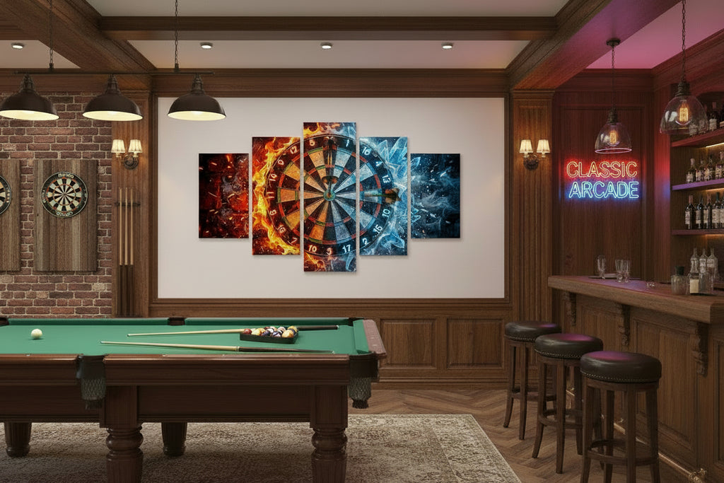A five-panel canvas wall art set depicting a dartboard with dramatic fiery orange and icy blue effects, displayed above a green sofa in a living room setting.