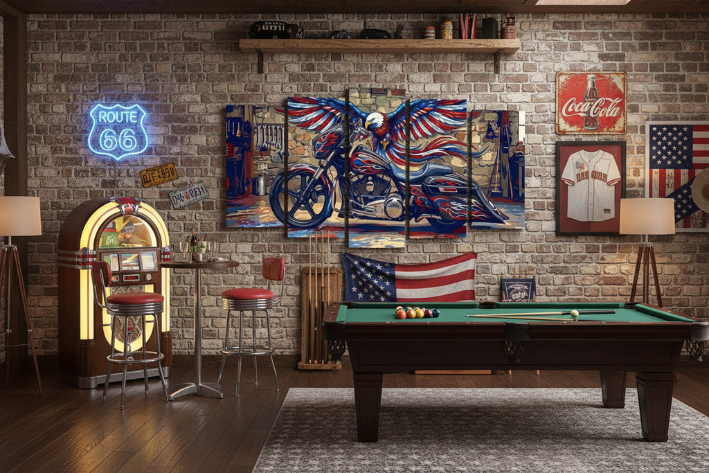 A 5-panel canvas wall art set depicting a stylized motorcycle with wings in red, white, and blue.