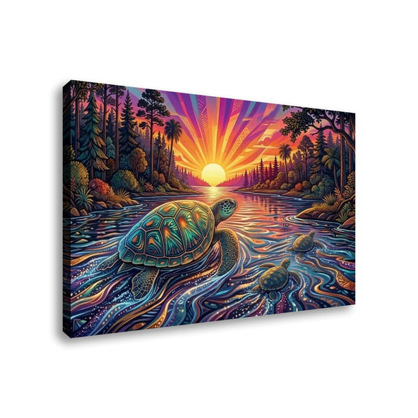 A rectangular canvas wall art print shown at an angle against a plain white background. The artwork depicts a colorful tropical sunset scene with a large patterned sea turtle in blue water, smaller turtles, dark trees, and a bright sunburst in pink, purple, orange, and yellow.