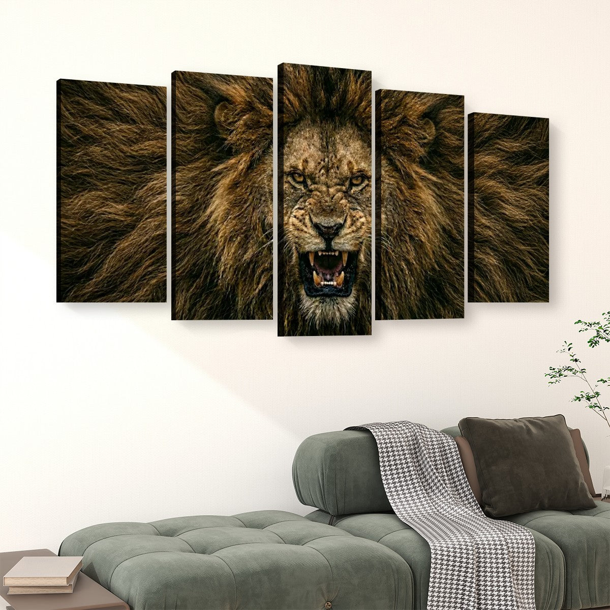 A five-panel canvas wall art set depicting a roaring lion's face and mane, displayed above a green sofa in a modern living room setting.