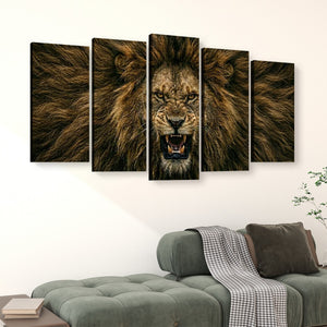 A five-panel canvas wall art set depicting a roaring lion's face and mane, displayed above a green sofa in a modern living room setting.