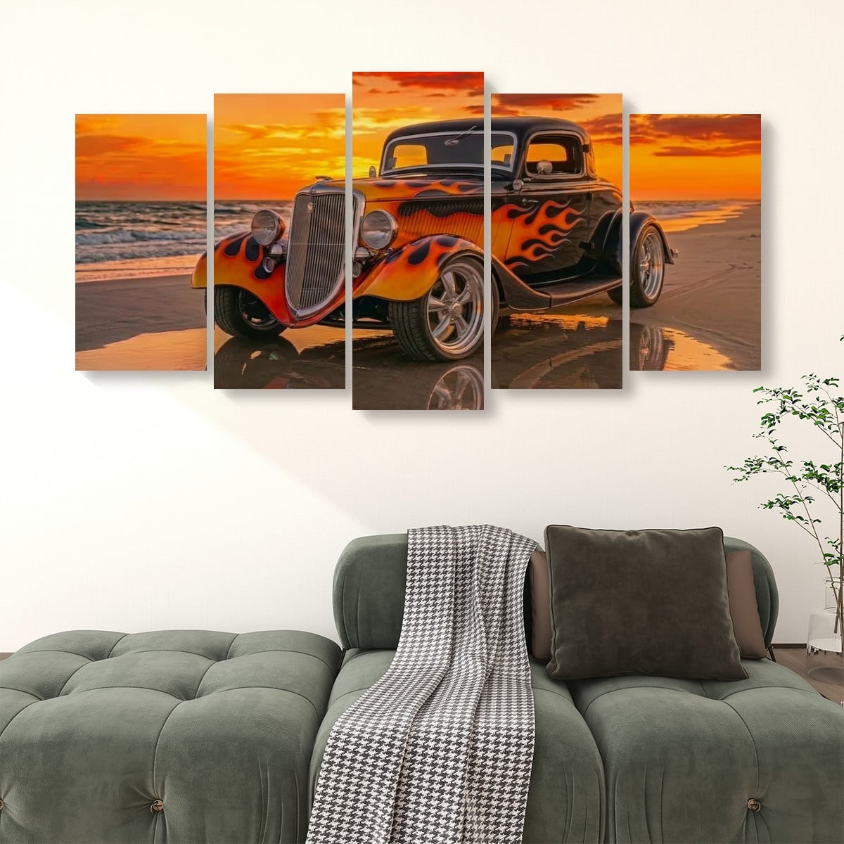 Black Ford Coupe with Flames Sunset Beach Canvas Wall Art