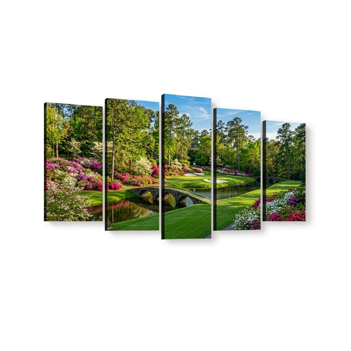 Georgia Golf Course Canvas Wall Art — Flowers, Water & Bridge Multi-Panel Print