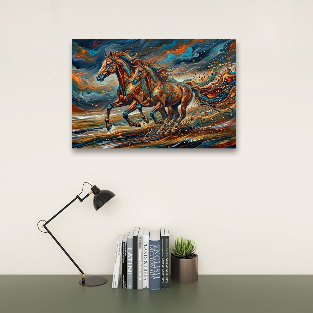 A colorful canvas art print depicting two running horses in a swirling, painterly sky, displayed on a wall above a desk with a black lamp, books, and a small potted succulent.