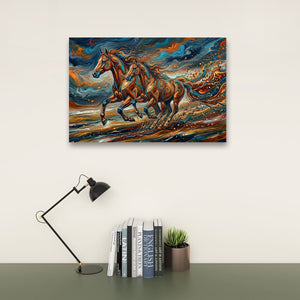 A colorful canvas art print depicting two running horses in a swirling, painterly sky, displayed on a wall above a desk with a black lamp, books, and a small potted succulent.