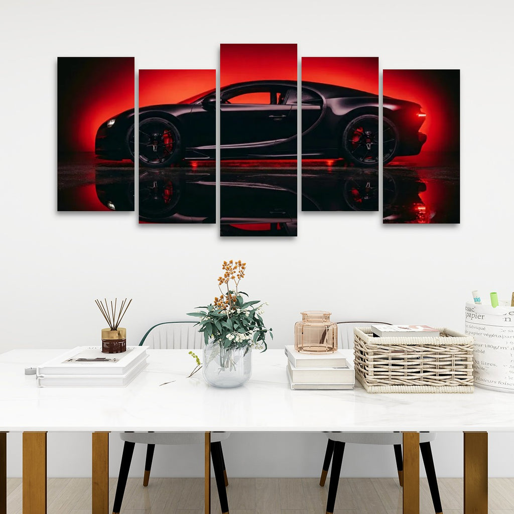 Bugatti Chiron Canvas Wall Art – Dark Reflection Supercar Print | 5-Panel Level Garage Décor