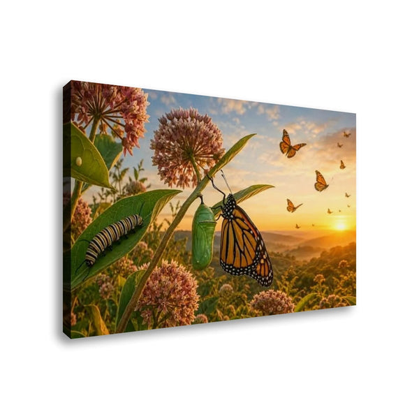A rectangular canvas wall art print showing a nature scene with monarch butterflies, a caterpillar on a leaf, a green chrysalis, and pink flowers against a golden sunset sky, photographed on a white background.