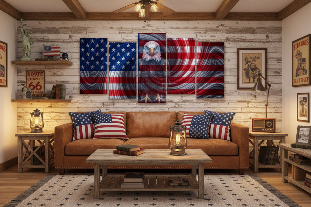 A 5-panel canvas wall art set depicting a stylized American flag with a bald eagle motif.