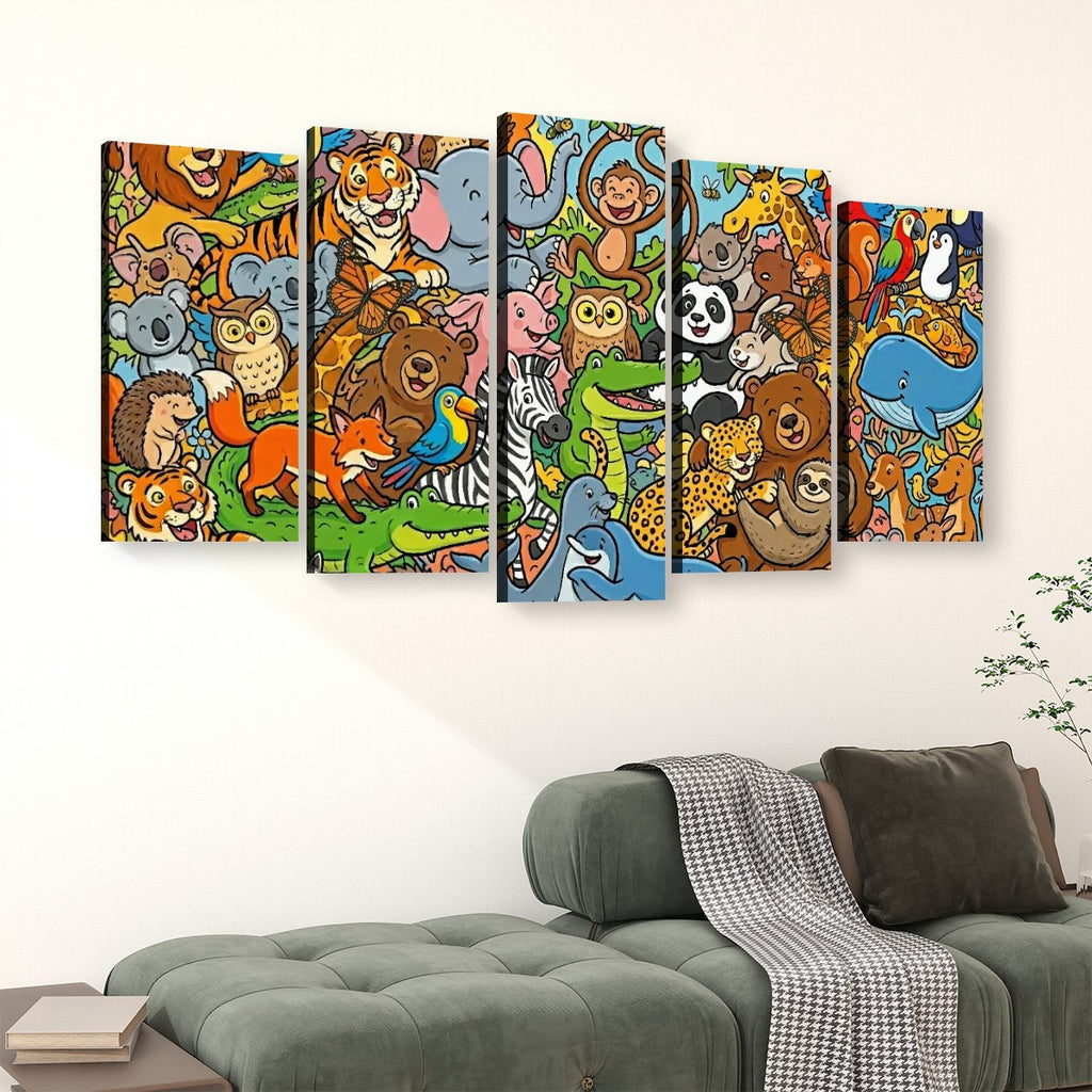 A five-panel canvas wall art set featuring a colorful, busy cartoon jungle scene with various animals, displayed above a green sofa in a living room setting.