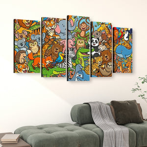 A five-panel canvas wall art set featuring a colorful, busy cartoon jungle scene with various animals, displayed above a green sofa in a living room setting.
