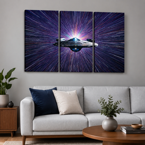 A three-panel canvas wall art set depicting a futuristic spaceship against a starburst space background, displayed above a light gray sofa in a modern living room setting.