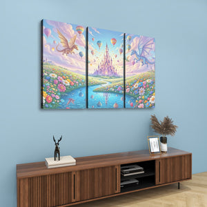 A three-panel canvas wall art set depicting a whimsical fantasy landscape with a castle, river, flowers, and dragons, displayed on a light blue wall above a wooden console table.