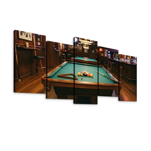 A multi-panel canvas wall art print depicting a pool table scene inside a dimly lit bar, shown against a plain white background.