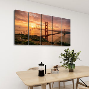 Golden Gate at Golden Hour – 5-Panel Canvas Wall Art