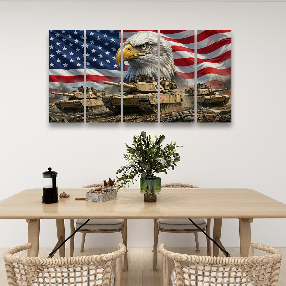 US American Flag Bald Eagle Army Tanks Military Split Canvas Panel Wall Art 1, 3, 5 Panel