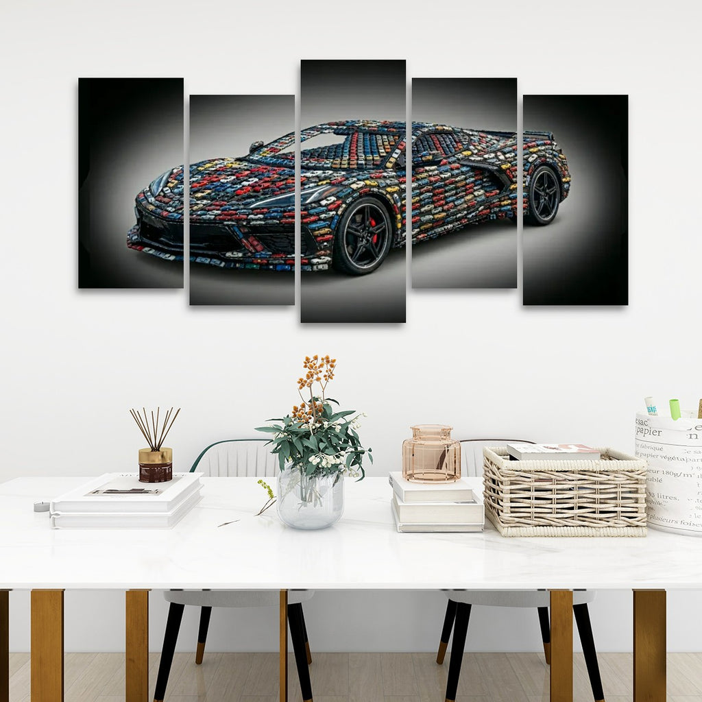 A five-panel canvas wall art set depicting a sports car made from colorful LEGO bricks, displayed on a white wall above a styled dining table with books, a vase, and baskets.