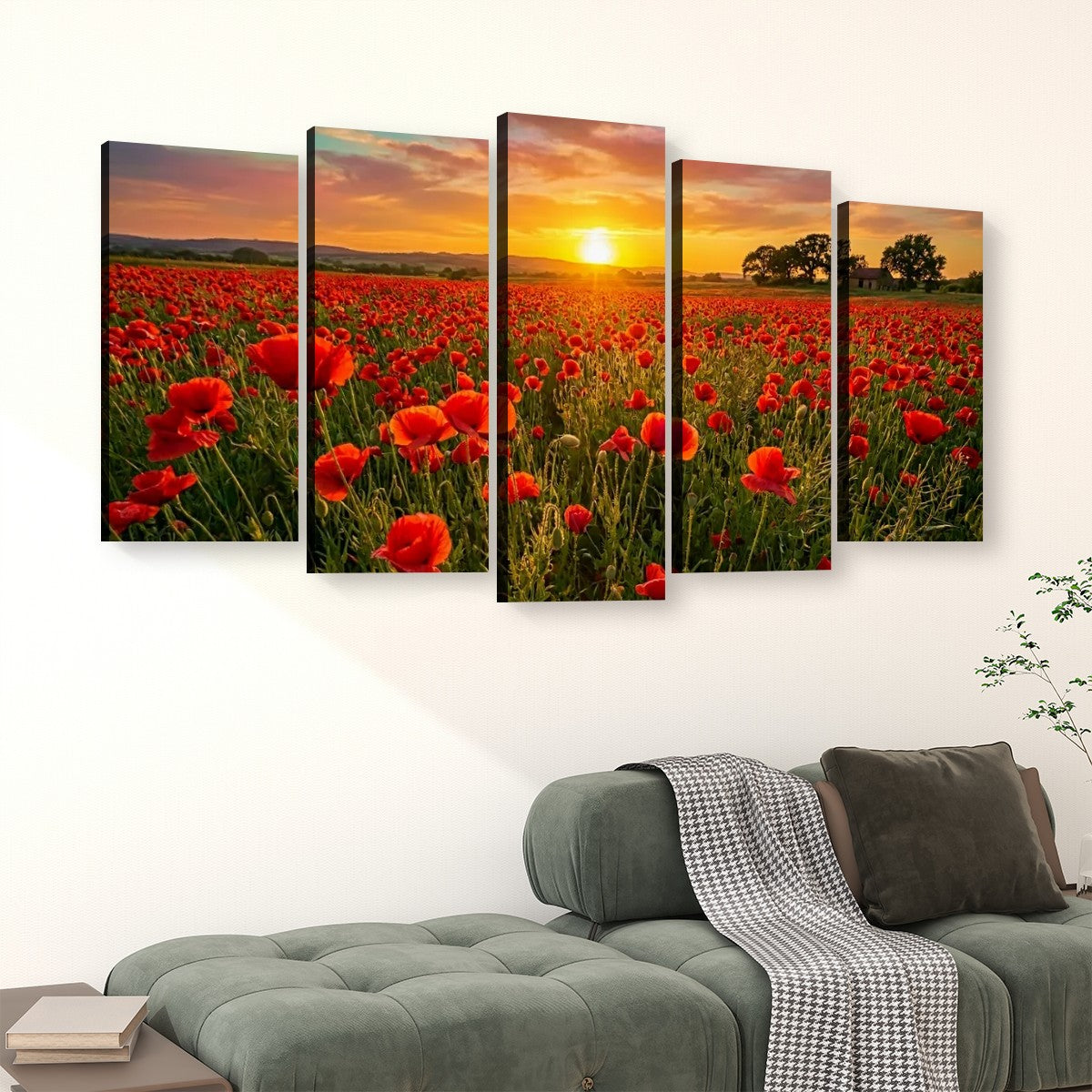 Golden Hour Poppy Field Canvas Wall Art – Fields of Fire | 5-Panel Level Nature Landscape Print