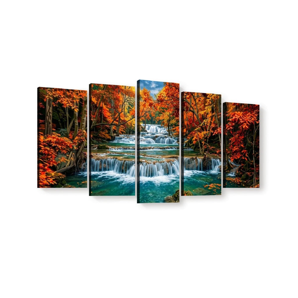 A five-panel canvas wall art set depicting a colorful autumn forest with a multi-tiered waterfall and turquoise water, shown against a plain white background.