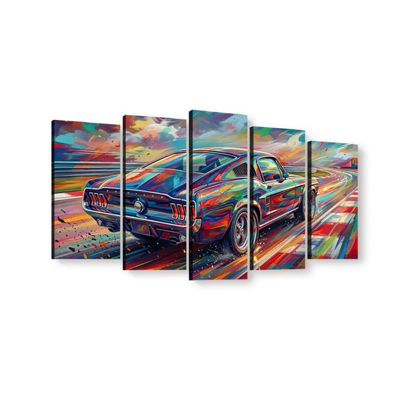 A five-panel canvas wall art set depicting a colorful, abstract-style painting of a classic sports car on a racetrack, shown against a plain white background.