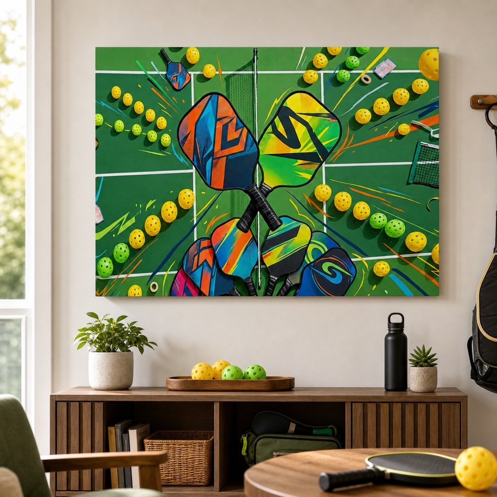 A colorful wall art print depicting pickleball rackets and balls, displayed in a modern living room setting above a wooden console table.