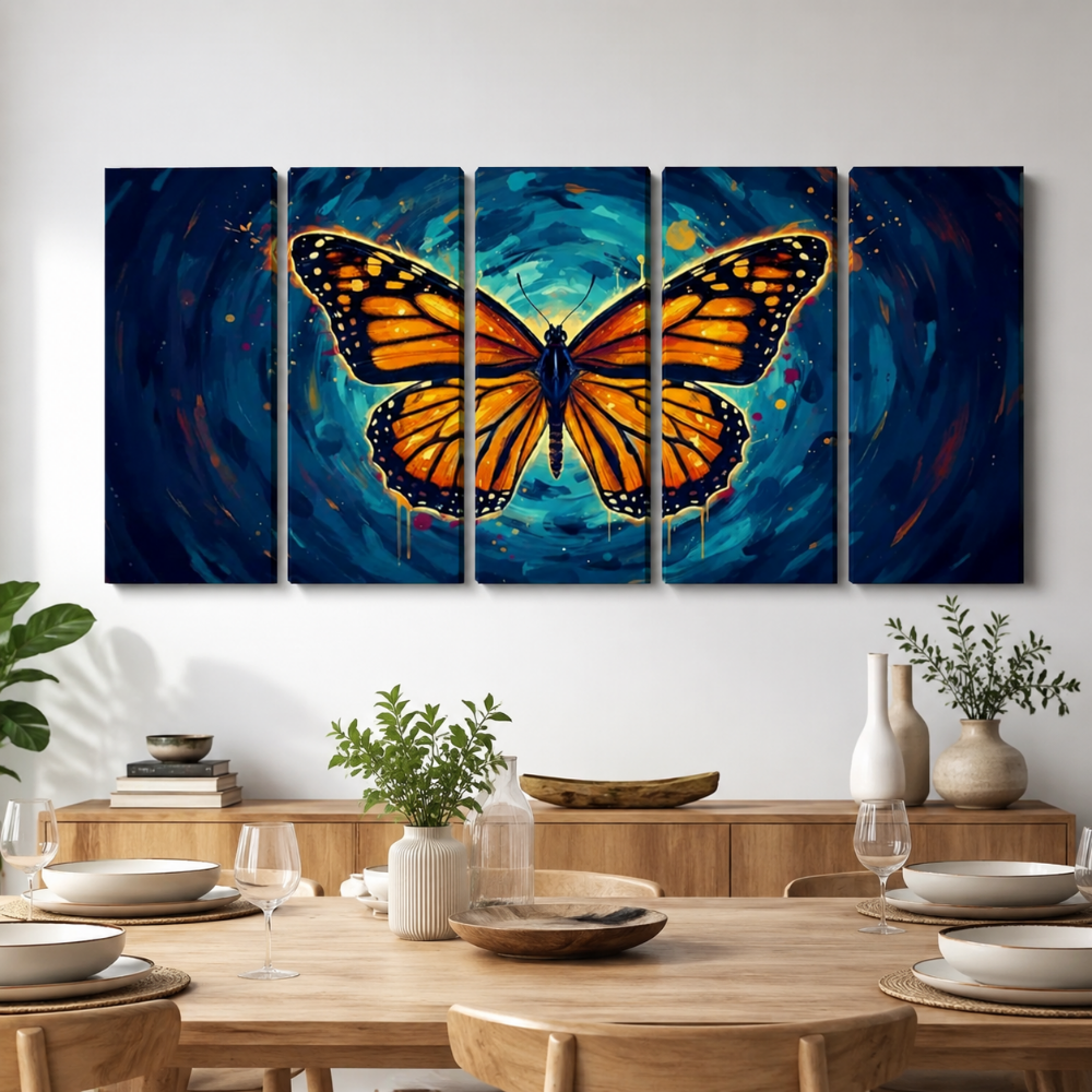 A five-panel canvas wall art set depicting a large orange butterfly over a swirling blue background, displayed above a wooden dining table in a styled room.