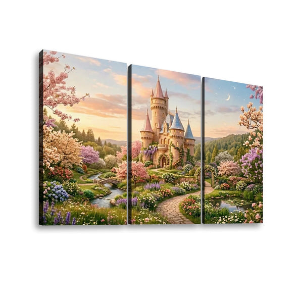 A three-panel canvas wall art set depicting a whimsical fantasy castle surrounded by blooming cherry blossom trees, a winding stream, and a pastel sunset sky.
