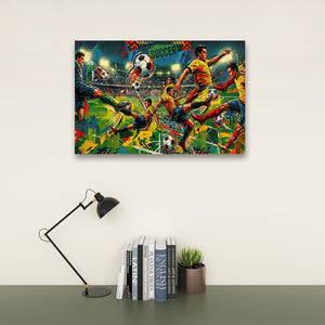 A colorful framed wall art print depicting a soccer stadium scene with players and balls, displayed above a desk with a black lamp, books, and a small potted plant against a light wall.