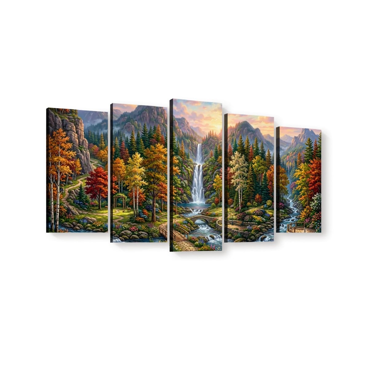 Waterfall Landscape Mountain Multi-Color Scene 5-Panel Canvas Wall Art