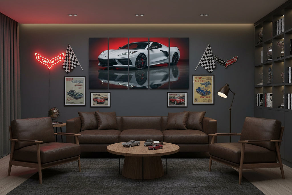 A five-panel canvas wall art print depicting a white sports car on a reflective black surface with a red background glow.
