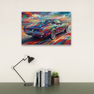 A colorful canvas wall art print depicting a classic 1967 Ford Mustang Fastback sports car in an abstract, painterly style, displayed on a beige wall above a desk with a black lamp, books, and a small potted succulent.