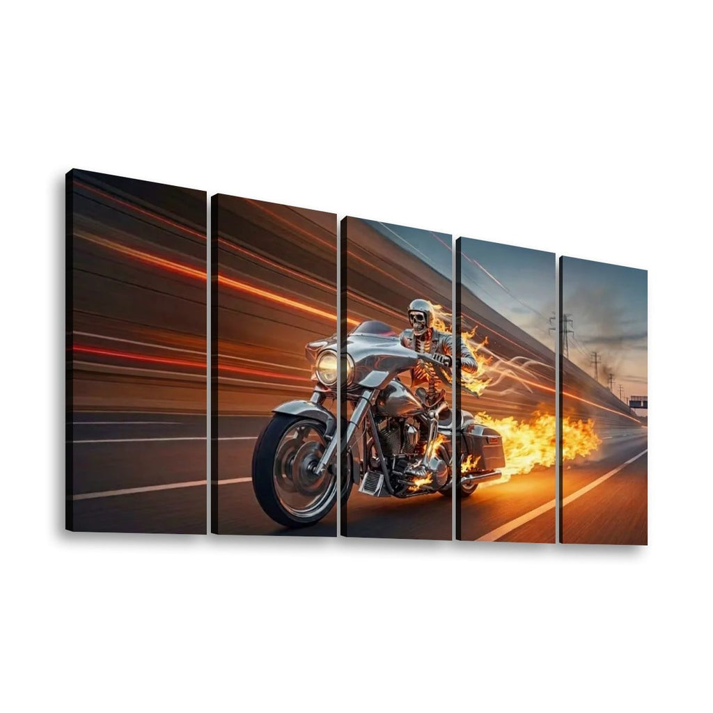 Chrome Dome Skeleton Fire Bagger Motorcycle Split Canvas Panel Wall Art | 1, 3, 5 Panel