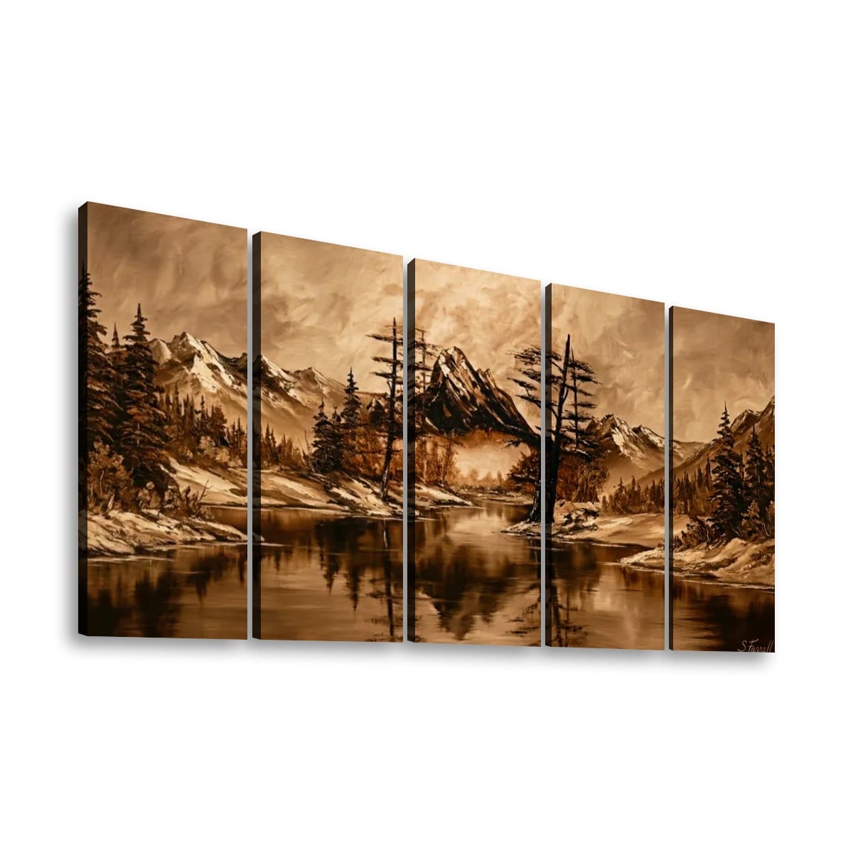 A five-panel canvas wall art set depicting a mountain landscape with snowy peaks, dark evergreen trees, and a calm lake reflection in warm sepia tones, shown against a plain white background.