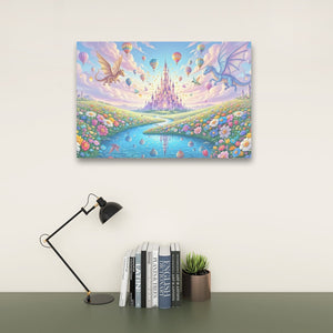 A colorful fantasy wall art print depicting a pastel castle, river, flowers, and dragons, displayed on a beige wall above a desk with a black lamp, books, and a small plant.