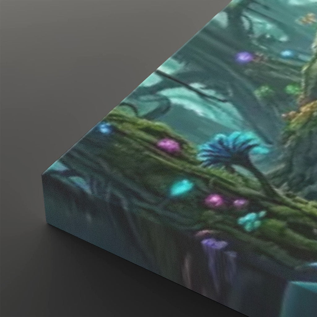 A close-up of a rectangular canvas or print showing a fantasy forest scene with glowing multicolored flowers and mossy branches, photographed against a dark gray background.