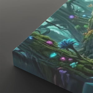 A close-up of a rectangular canvas or print showing a fantasy forest scene with glowing multicolored flowers and mossy branches, photographed against a dark gray background.