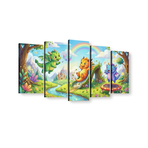 Playful Dragons Canvas Wall Art – Kids Fantasy Print | 1, 3 & 5 Panel Bedroom & Playroom Décor