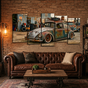 A three-panel canvas wall art set depicting a vintage, rusted blue and green Volkswagen Beetle in a garage, displayed above a brown leather sofa in a rustic living room setting.