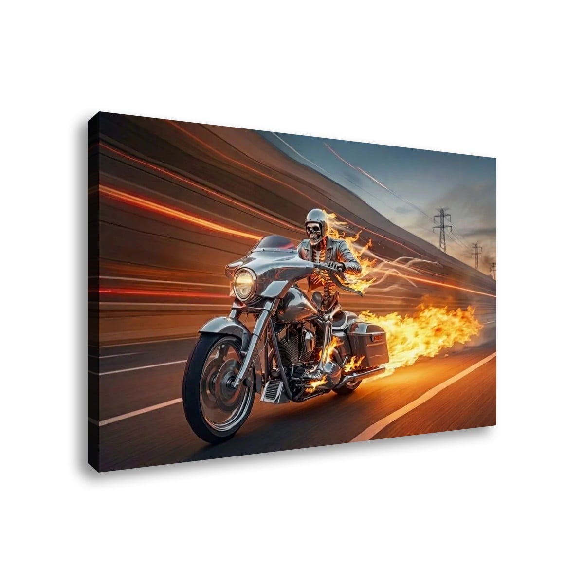 Chrome Dome Skeleton Fire Bagger Motorcycle Split Canvas Panel Wall Art | 1, 3, 5 Panel
