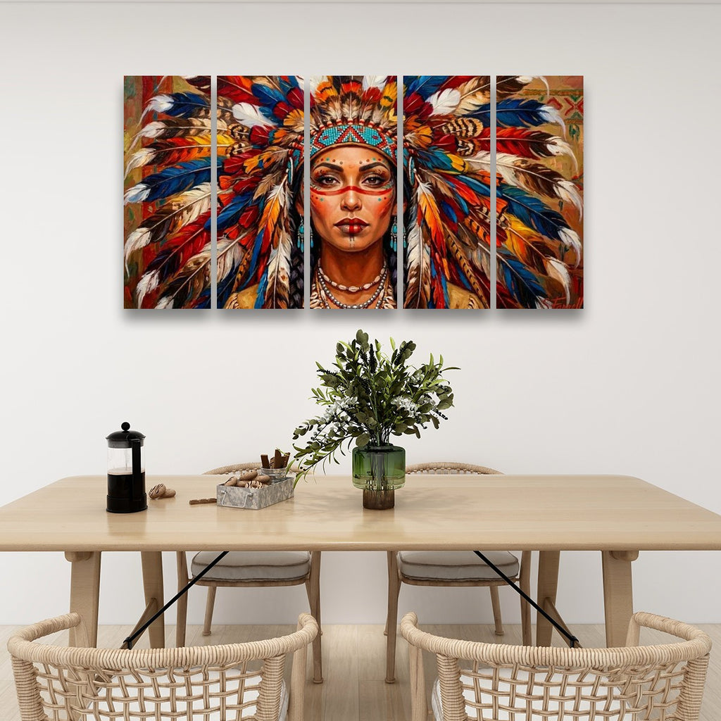 Native American Indian Woman 5-Panel Level Split Canvas Wall Art | Multi-Panel Print