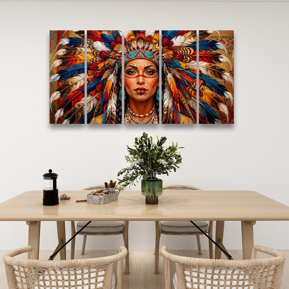 Native American Indian Woman 5-Panel Level Split Canvas Wall Art | Multi-Panel Print
