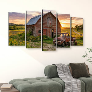 Ford F1 Pickup at Golden Hour — Rustic Bar & Sunset Canvas Wall Art