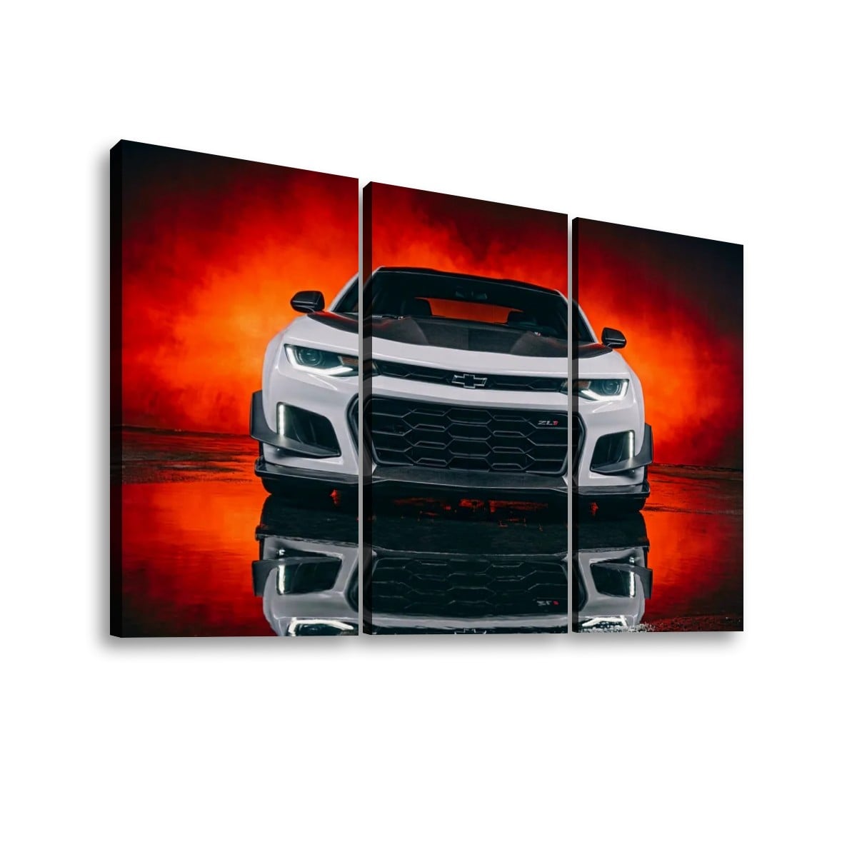A three-panel canvas wall art print showing a white Camaro  sports car from the front, set against a dramatic red and orange smoky background with a reflective floor. The canvas is displayed at an angle against a plain white background.