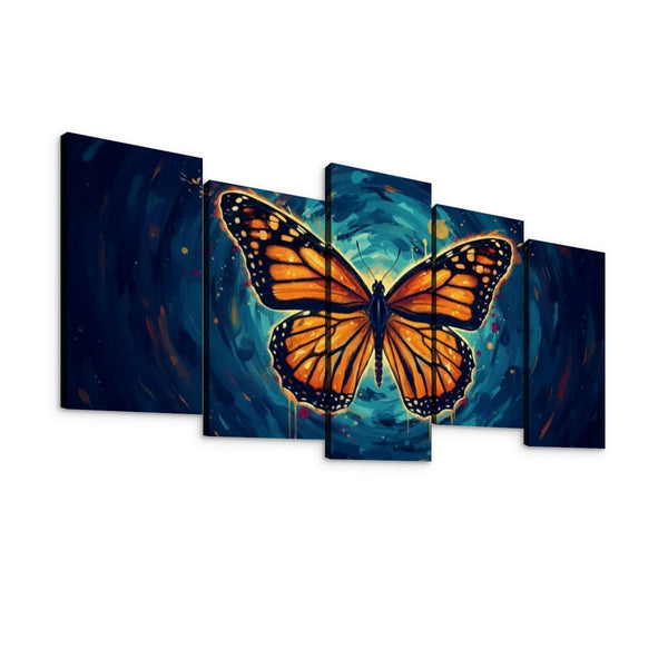 A five-panel canvas wall art set depicting a large orange and black butterfly centered against a swirling blue and teal abstract background, shown on a plain white wall.